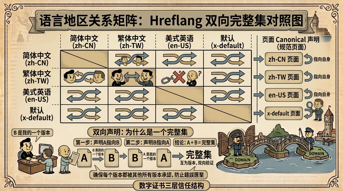 A complete hreflang matrix with self-references and reciprocal language links