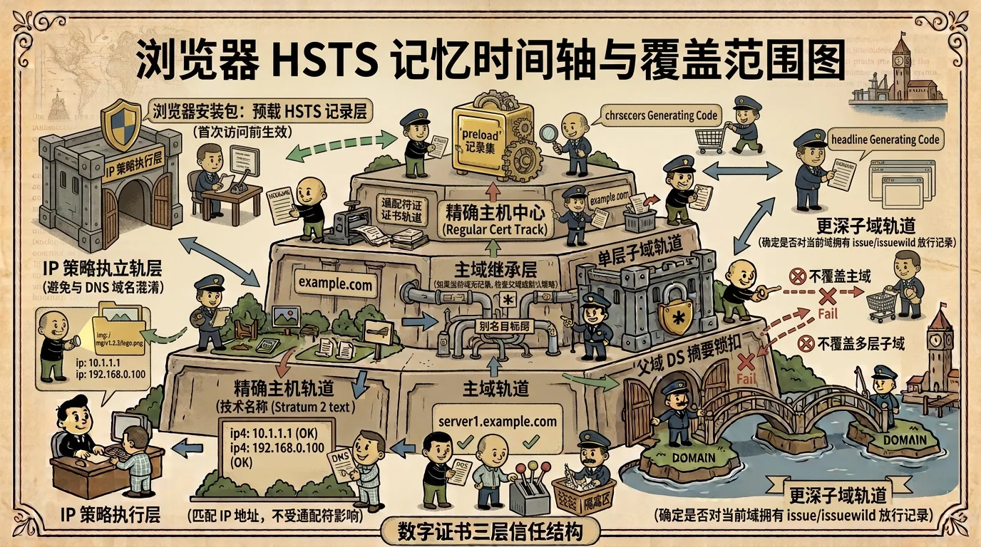 Timeline of HSTS receipt, HTTP upgrades, subdomain coverage and preload