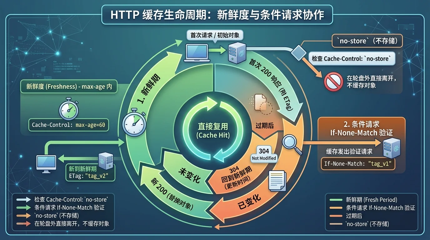 A cached HTTP response moves through storage, fresh reuse, conditional validation and 304 renewal