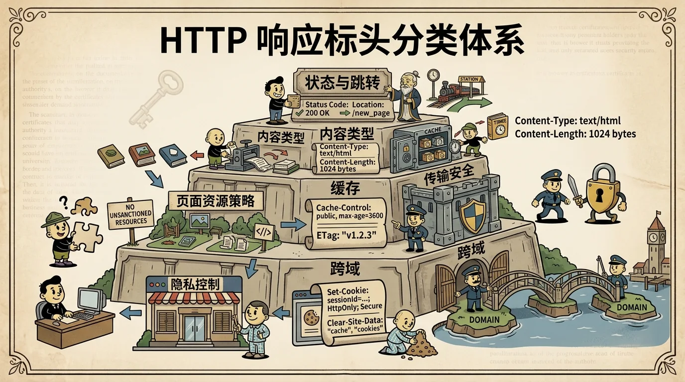 HTTP headers grouped by status, content, caching, security and cross-origin purpose