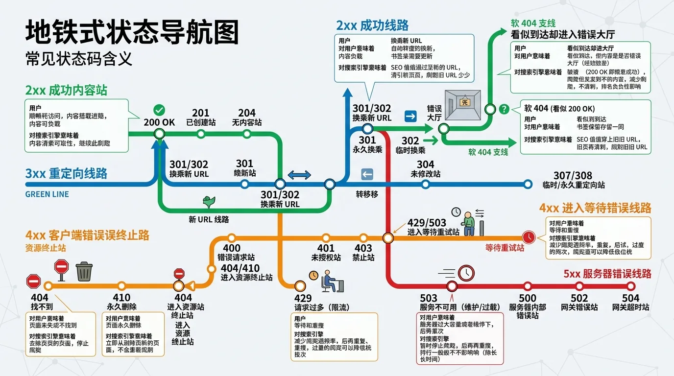 HTTP 2xx, 3xx, 4xx and 5xx routes toward content, redirection, termination and retry
