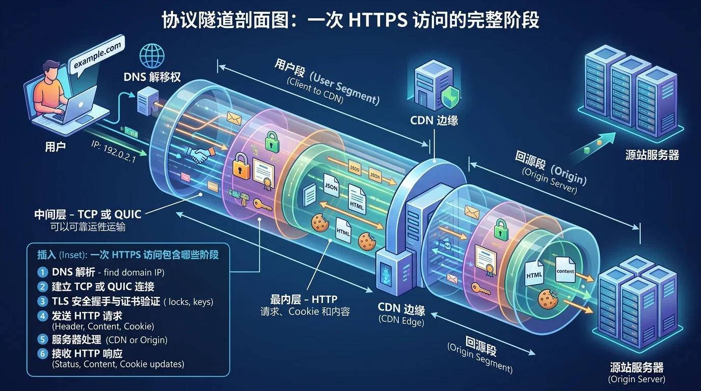 HTTPS combines DNS, TCP or QUIC, TLS certificate validation and encryption, and HTTP content