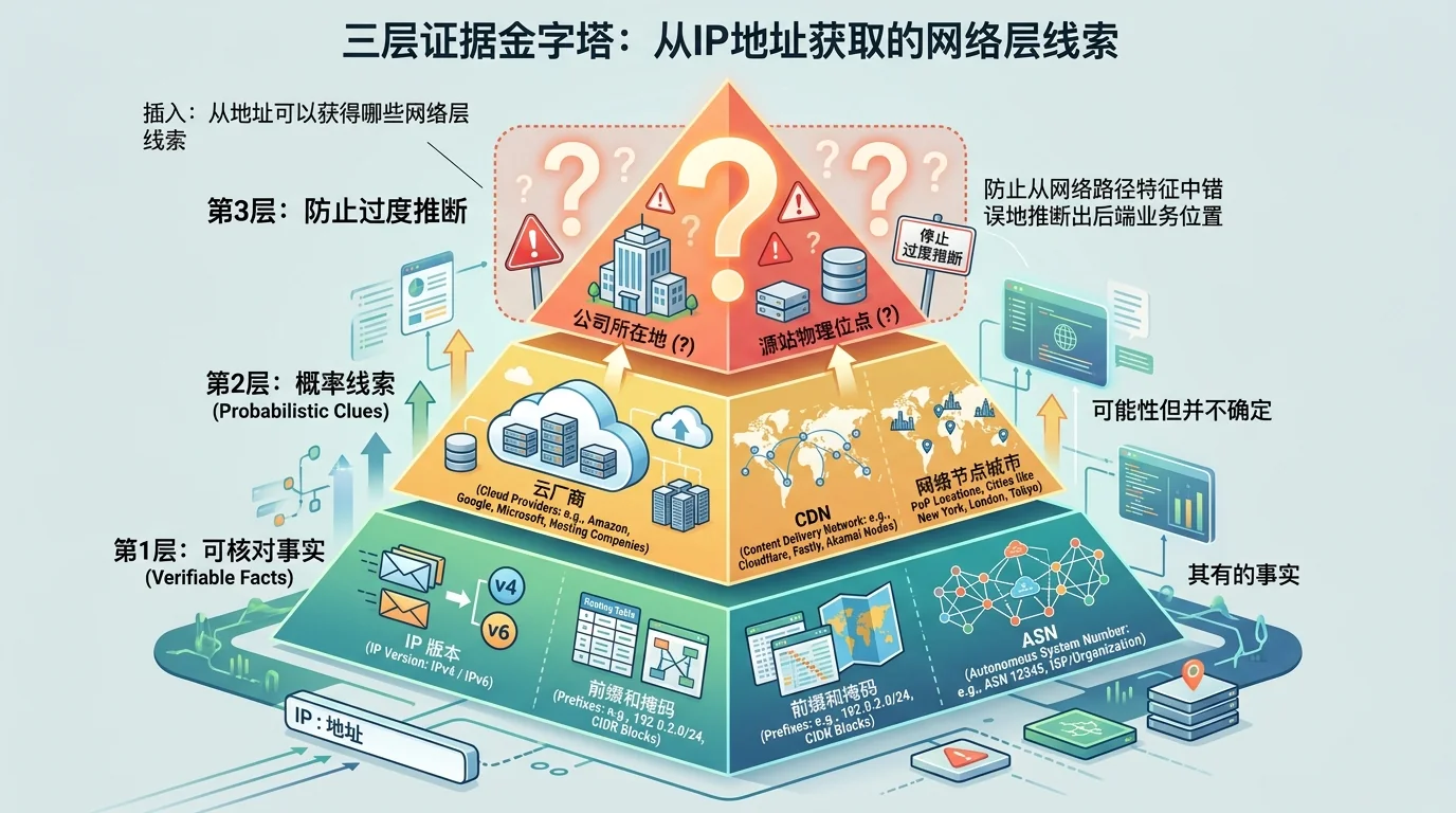 Network facts, service clues and business-location uncertainty inferred from an IP address