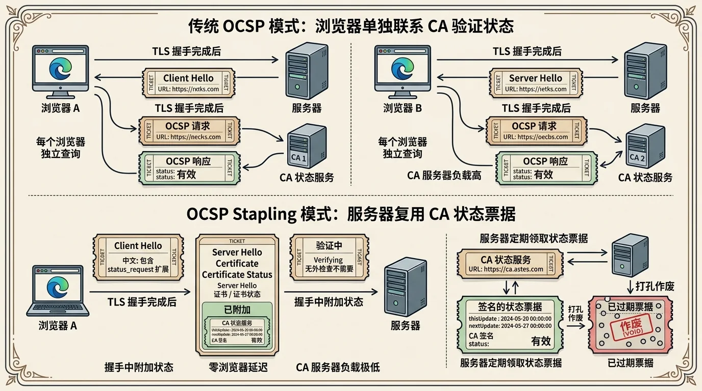 A server obtains a signed OCSP response and supplies it to browsers during TLS handshakes