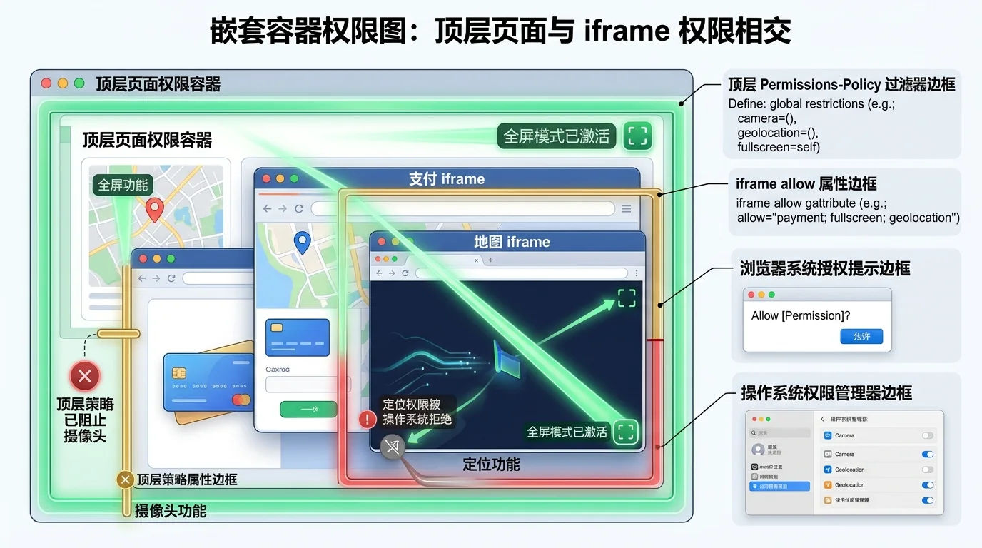 An iframe capability must satisfy parent policy, iframe delegation, browser consent and system permissions