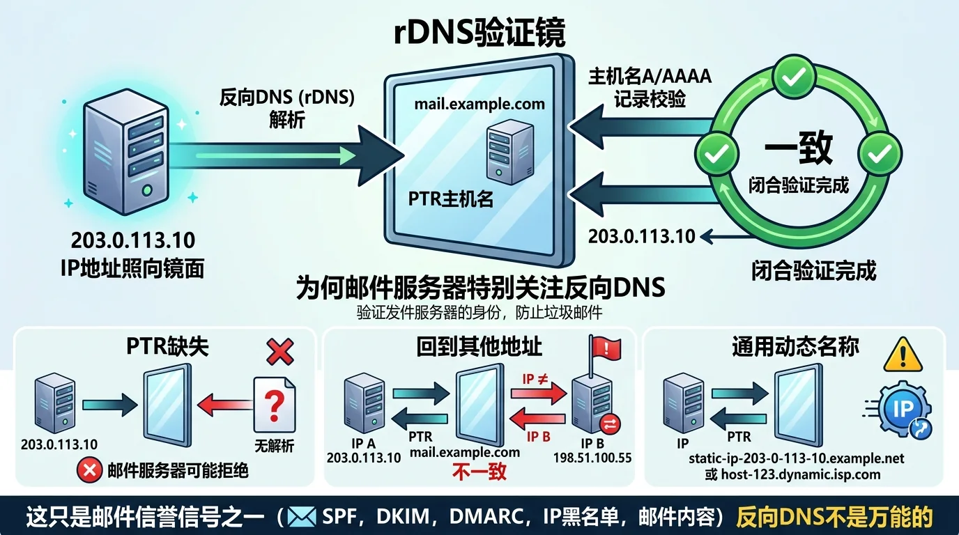 Forward-confirmed reverse DNS checks whether a PTR hostname resolves back to the original IP