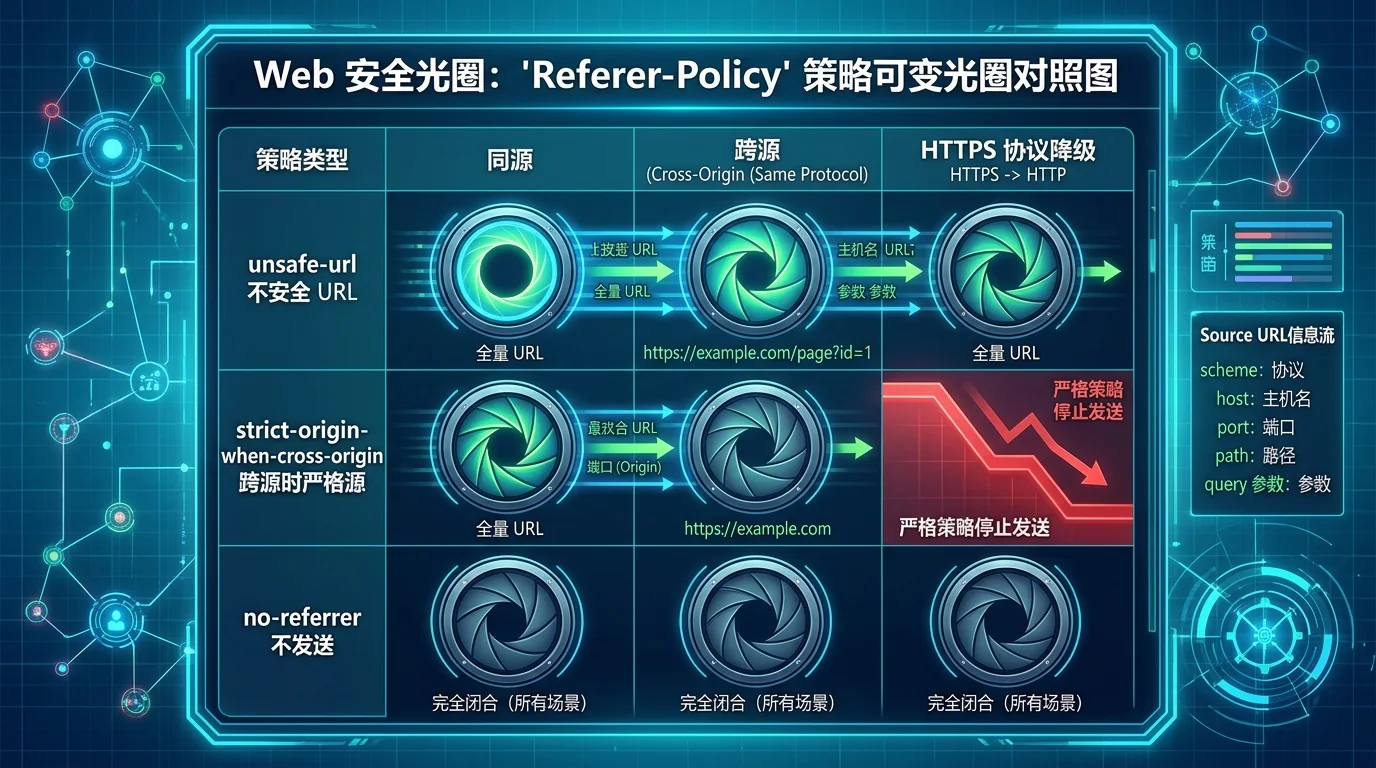 Referrer policies expose a full URL, only an origin or no source information