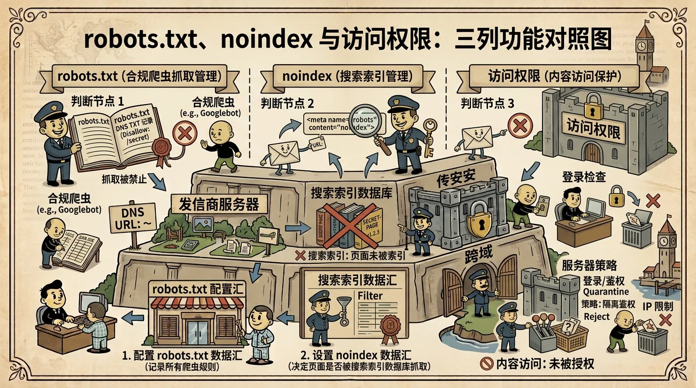 Comparison of robots.txt crawling rules, noindex indexing rules and access permissions