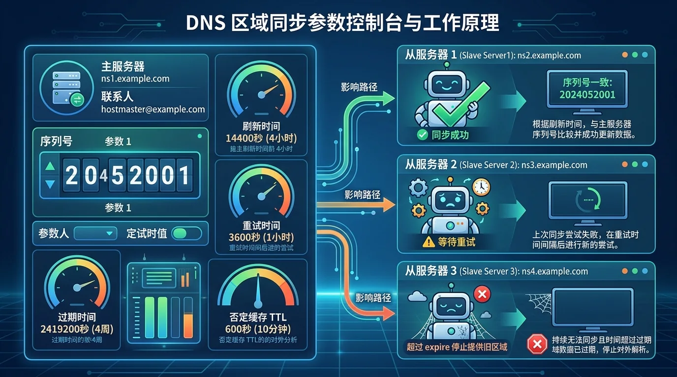 SOA serial and refresh, retry and expire timers control authoritative DNS synchronization