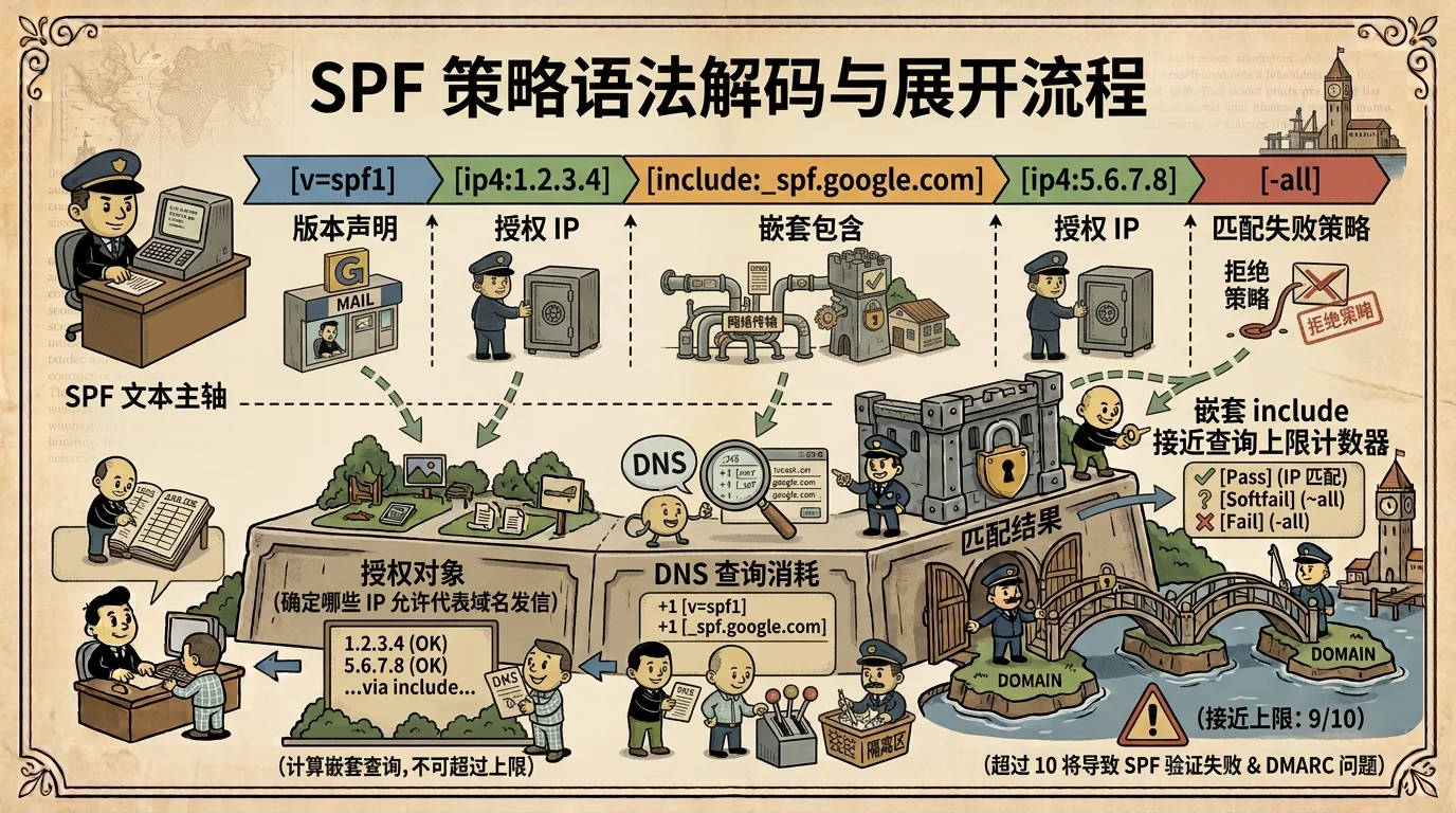 An SPF record broken down into its version, authorized senders, include mechanisms and all policy