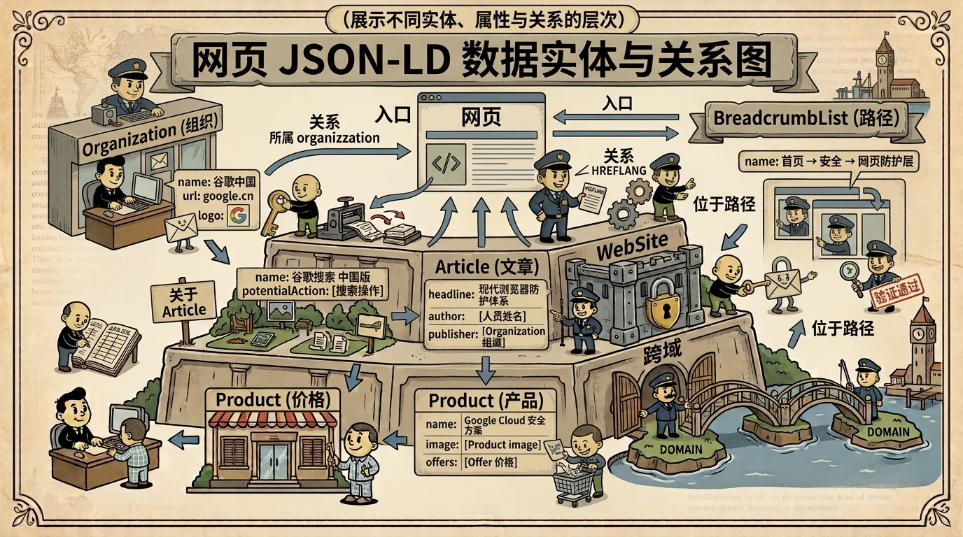 JSON-LD describing page content through entities, properties and relationships