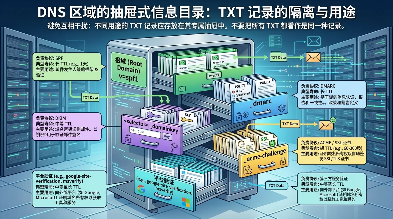 SPF, DMARC, DKIM, ACME and platform-verification TXT records occupy distinct DNS names
